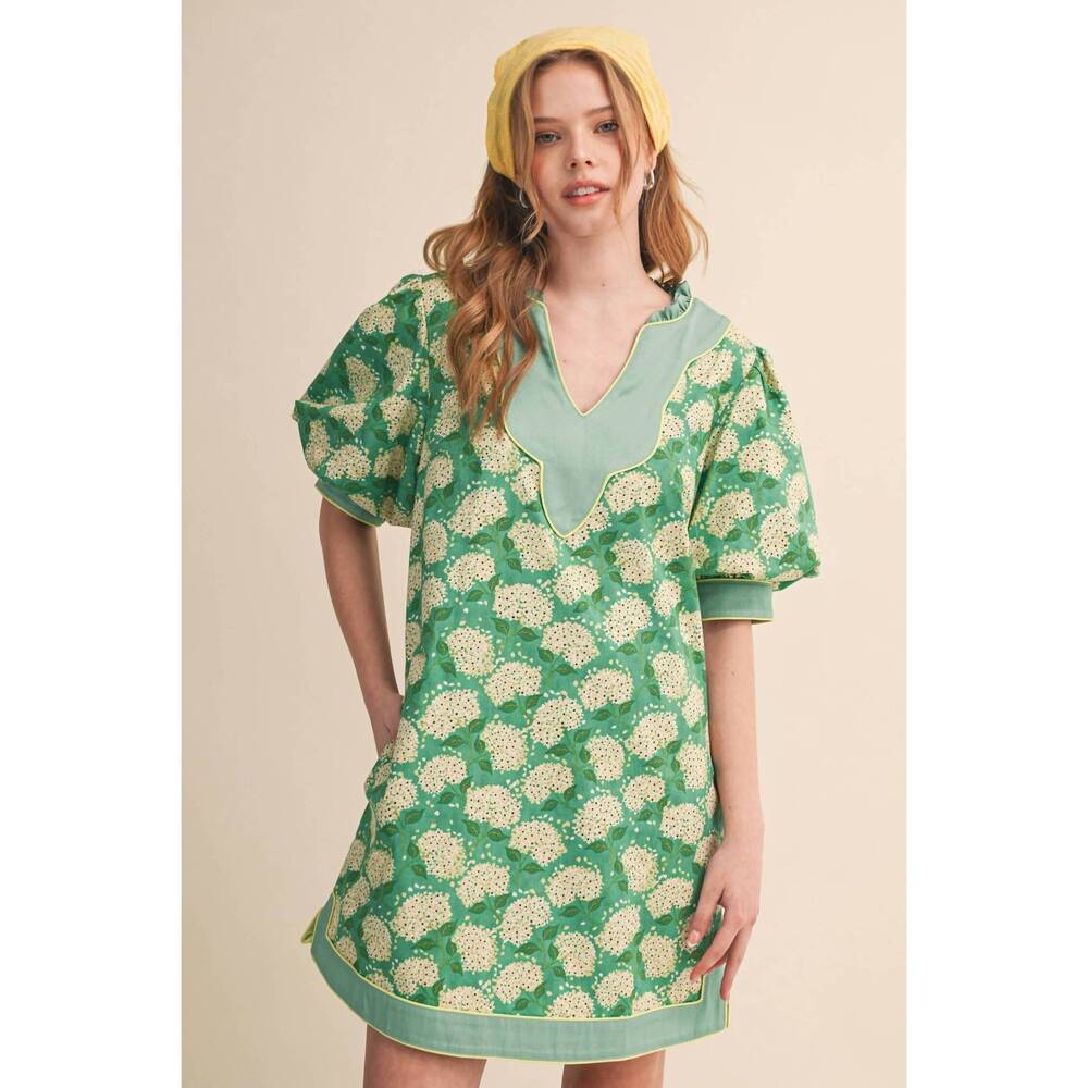 NEW &MERCI puff sleeve a-line mini dress in sage green floral